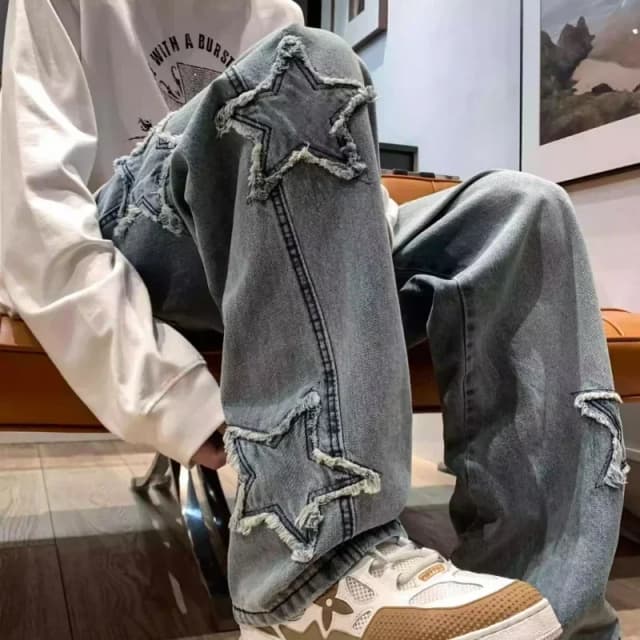 Nova estrela masculina bordada moda solta jeans y2k high street hip hop estiramento macio em linha reta perna larga calças jeans masculino