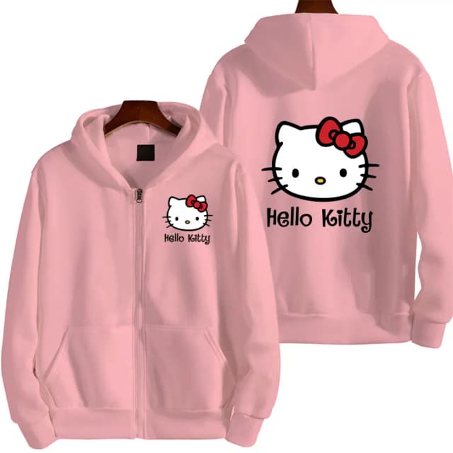 Moletom com capuz feminino com zíper outono e inverno novo bonito kawaii sanrio olá kitty padrão moletom 2024 streetwear roupas femininas