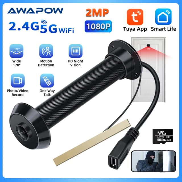 Awapow tuya câmera olho mágico 2.4g & 5g wifi mini visor de porta 1080p detecção de movimento segurança em casa inteligente visão noturna gravação automática