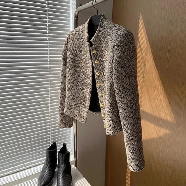 Jaqueta coreana de peito único de tweed feminina, blazer feminino, casaco casual com tudo a combinar, tops curtos, alta qualidade, 2020