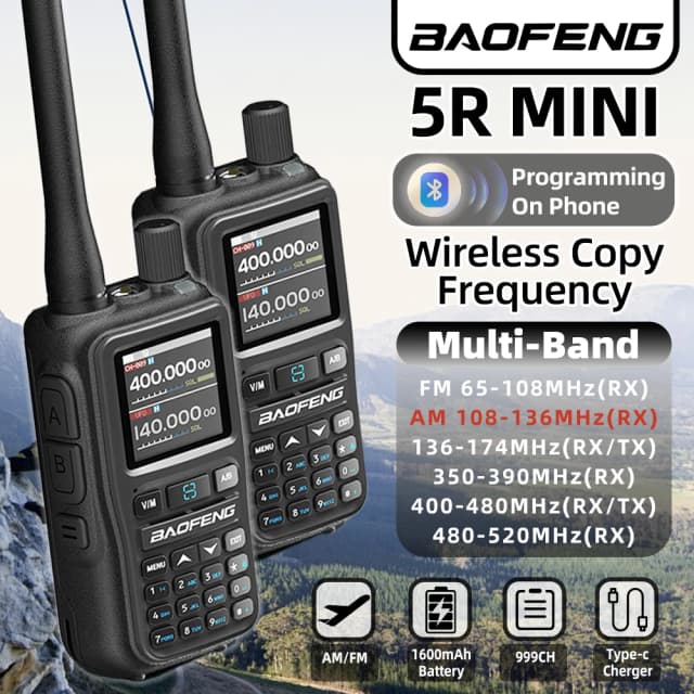 1 peça baofeng uv 5rmini leitura de frequência sem fio walkie talkie am longo alcance multi-banda tipo-c carregador rádio amador