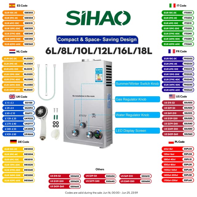 Vevor 6l 8l 10l 12l 16l 18l lpg portátil instinto aquecedor de água gás propano lpg fixado na parede tankless aquecedor de água display digital