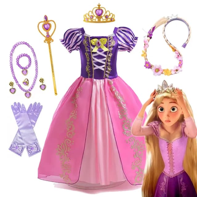 Disney rapunzel vestido de princesa menina roxo puff manga cosplay emaranhado traje halloween vestido crianças aniversário vestido de baile roupas