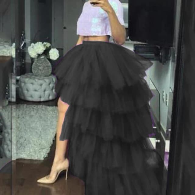 BABYONLINE Mulheres Em Camadas de Tule Alta Baixa Saias Cintura Elástica Anágua Puffy Saia Longa de Tule Feminino Maxi Saia Tamanho Livre