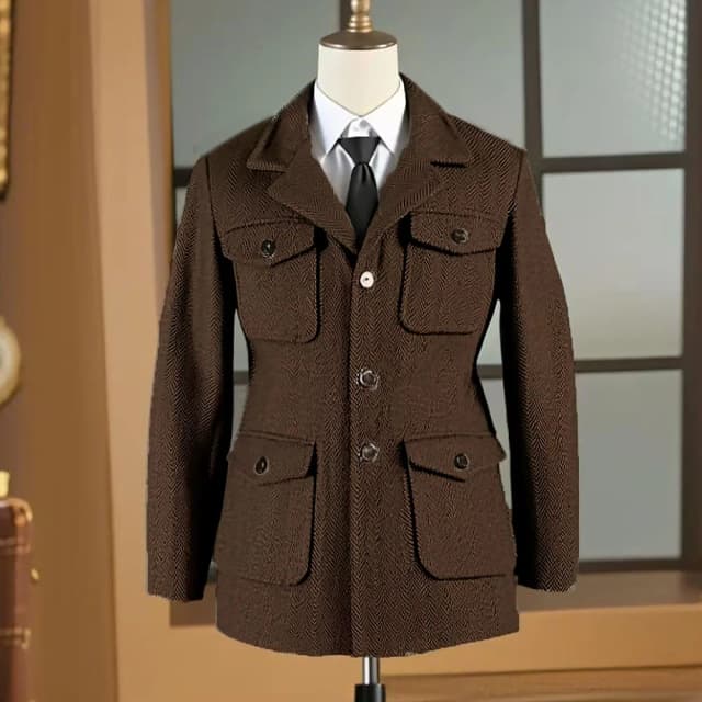 Jaqueta de caça masculina britânica retro multi-bolso casaco esportivo com cinto espinha de peixe negócios causal lapela terno blazers smoking