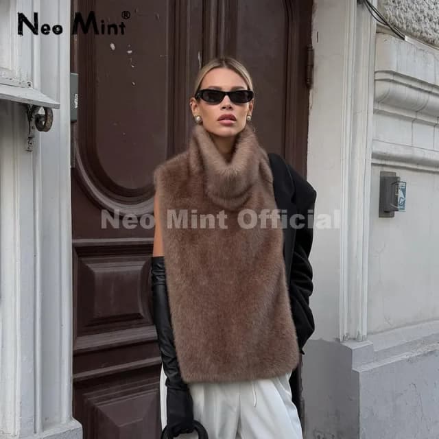 Neo mint 2025 marca moda pele do falso sable colete colheita topo outono inverno gola alta eco pele de vison regata sem mangas jaqueta casaco