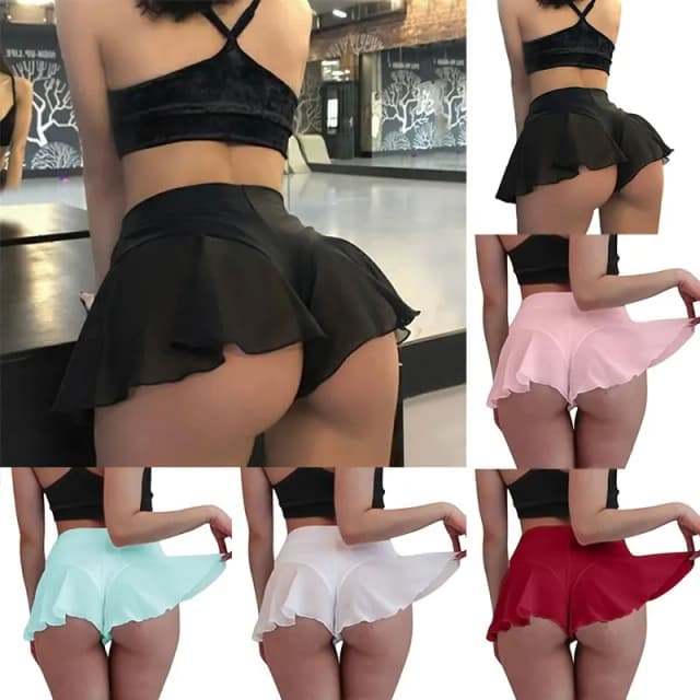 Mulheres Sexy Sheer Ruffles Mini Saia, Shorts de Cintura Alta Transparente, Esportes Fitness de Verão, Yoga Dance Calças Quentes, S a 3XL