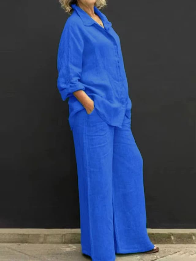 Lapela de linho duas peças conjunto outono vintage cor sólida manga longa botão camisa blusa feminina casual solto calças retas ternos