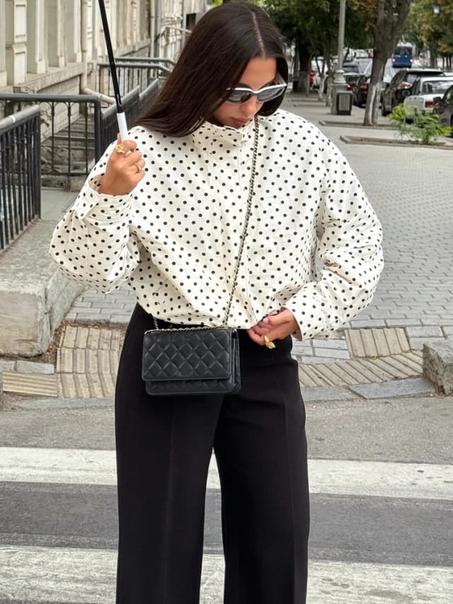 HH Moda Feminina Polka Dot Print Casacos Curtos Outono Mangas Compridas Gola Alta Zíper Com Bolsos Cordão Jaqueta Casual