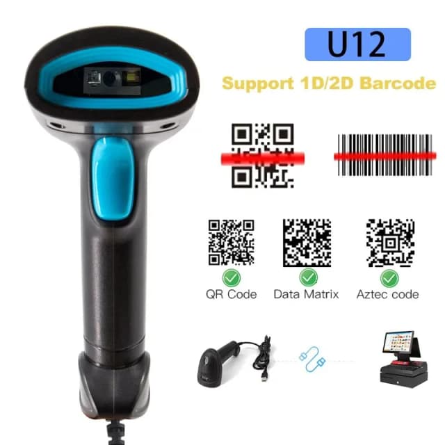Imagem CMOS 1D 2D Scanner de código de barras com fio 640x480 pixels Leitor de código de barras portátil de alta precisão U12 para gerenciamento de estoque