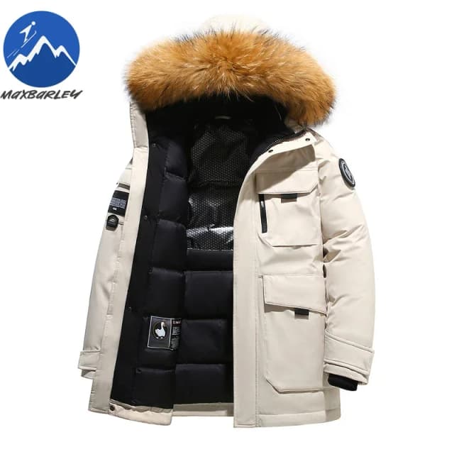 Maxbarley jaqueta de esqui masculina inverno branco 90 pato para baixo com capuz gola de pele parka luxo neve grosso quente bordado design puffer