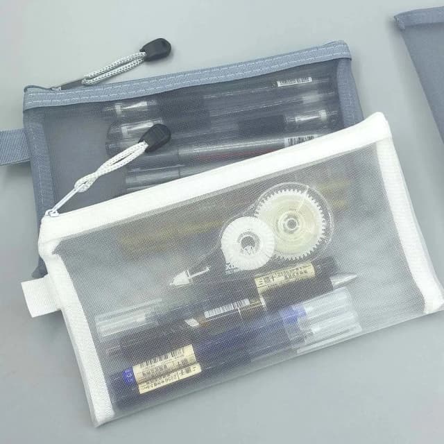 Estojo de Lápis de Malha Transparente, Bolsa de Armazenamento de Grande Capacidade, Estojo de Lápis de Nylon com Zíper, Materiais de Escritório e Escola