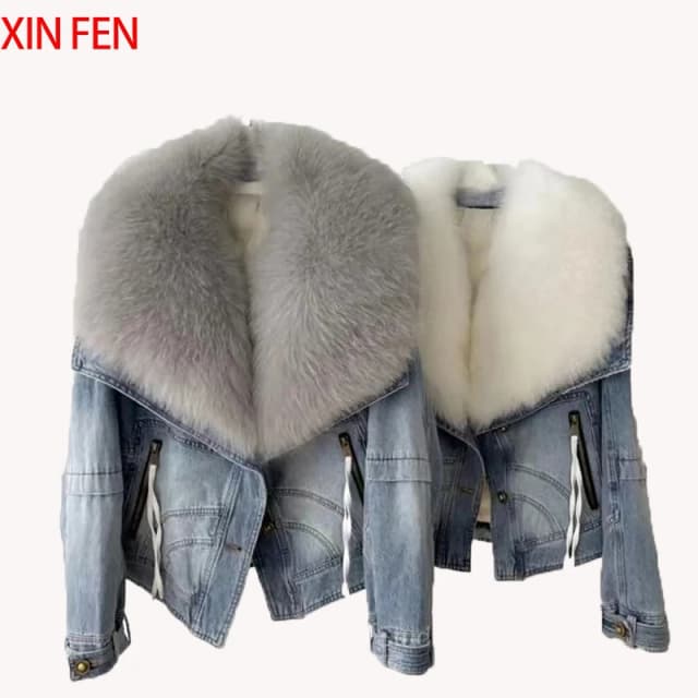 abrigos Primavera mujer 2025 Cien por cien Natural True Zorro Piel de zorro Súper grande Cuello V Ocio elegante corto vaquero chaqueta Moda Lujo Chaqueta de terciopelo