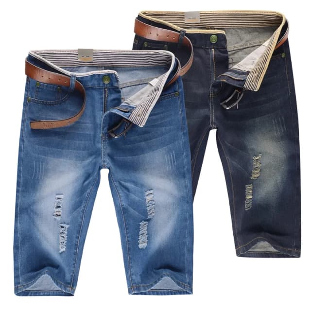 29-40 Novo verão masculino personalizado lavável calças jeans perfuradas grandes calças médias casuais