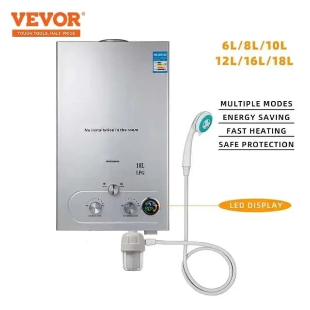 Vevor 6l-18l aquecedor de água sem tanque de gás propano, aquecimento instantâneo do banheiro, aquecedor de água ao ar livre caldeira carro acampamento