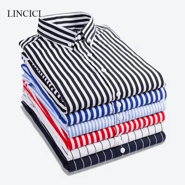 M-5XL 2023 outono nova camisa listrada masculina sólida casual manga longa fino ajuste edição coreana negócios formal laydown camisa