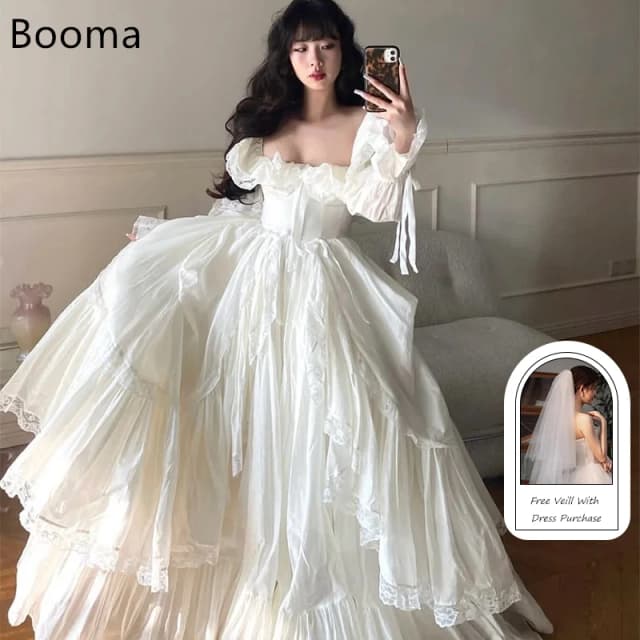 Booma simples a linha vestidos de casamento renda até o chão manga cheia arco vestido de noiva feito sob encomenda 2025