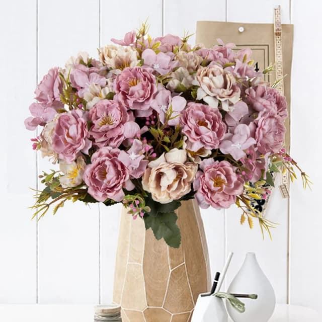 Flores artificiais para decoração, pequeno buquê de peônia, plantas decorativas de casamento, coroas vasos, acessórios para casa, 5 garfos, 8 cabeças