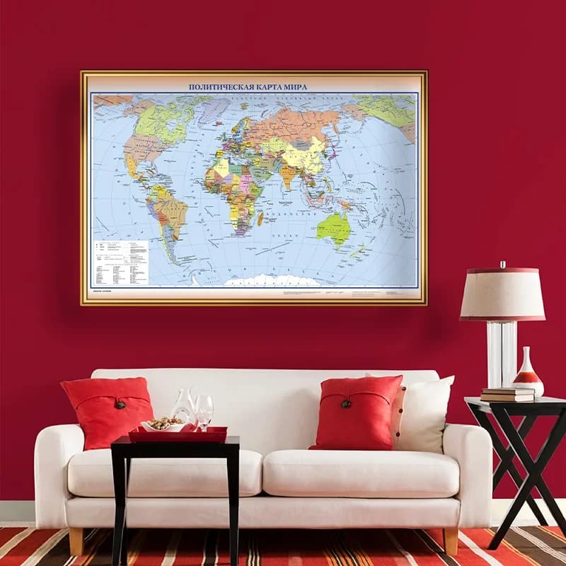 Mapa mundi vintage 150*90cm em russo, pintura em tela, arte de parede, pôster, material escolar para casa, imagem suspensa, decoração retrô