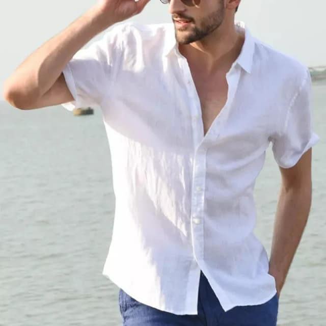 Camisa casual masculina de manga curta, roupa de rua com botão de lapela, cor sólida, camisa de linho de algodão para homens, blusa de férias vintage M-3XL