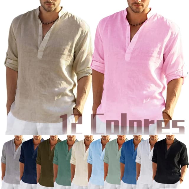 Novo masculino linho manga longa camiseta cor sólida solta camisa casual manga longa camisa de linho de algodão
