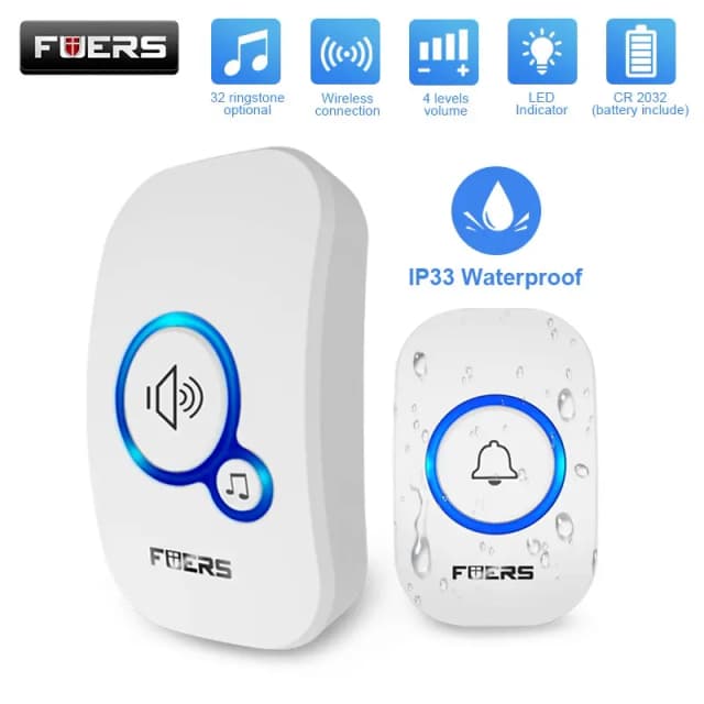 Fuers-sem fio impermeável campainha, bem-vindo Chime, Home Door Bell, Inteligente, 32 músicas, alarme inteligente, bateria para loja, Hotel