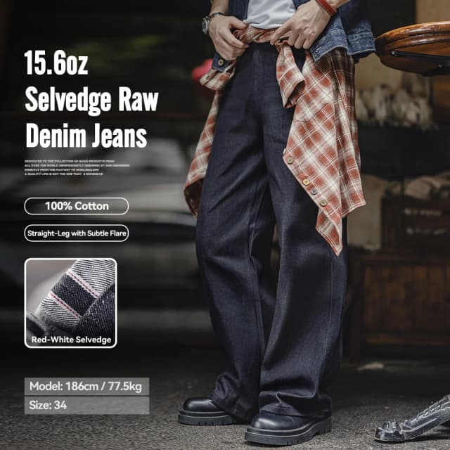 Calças Jeans Vintage Maden 15.6oz em Denim Cru Selvedge, Jeans de Peso Pesado, Ajuste Solto, Calças de Perna Larga com Zíper para Primavera e Outono