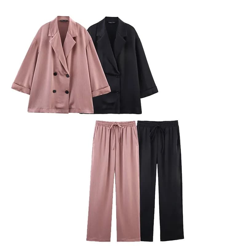 Conjunto de calças femininas com efeito vinculado, 2 peças, estilo pijama, blazers de cetim trespassado, calças de cintura alta, duas peças, roupa feminina