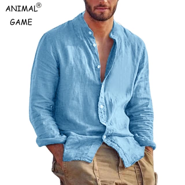 Nova camisa masculina de manga longa de cor sólida camisas de algodão de linho tendência plus size gola casual leve praia topos