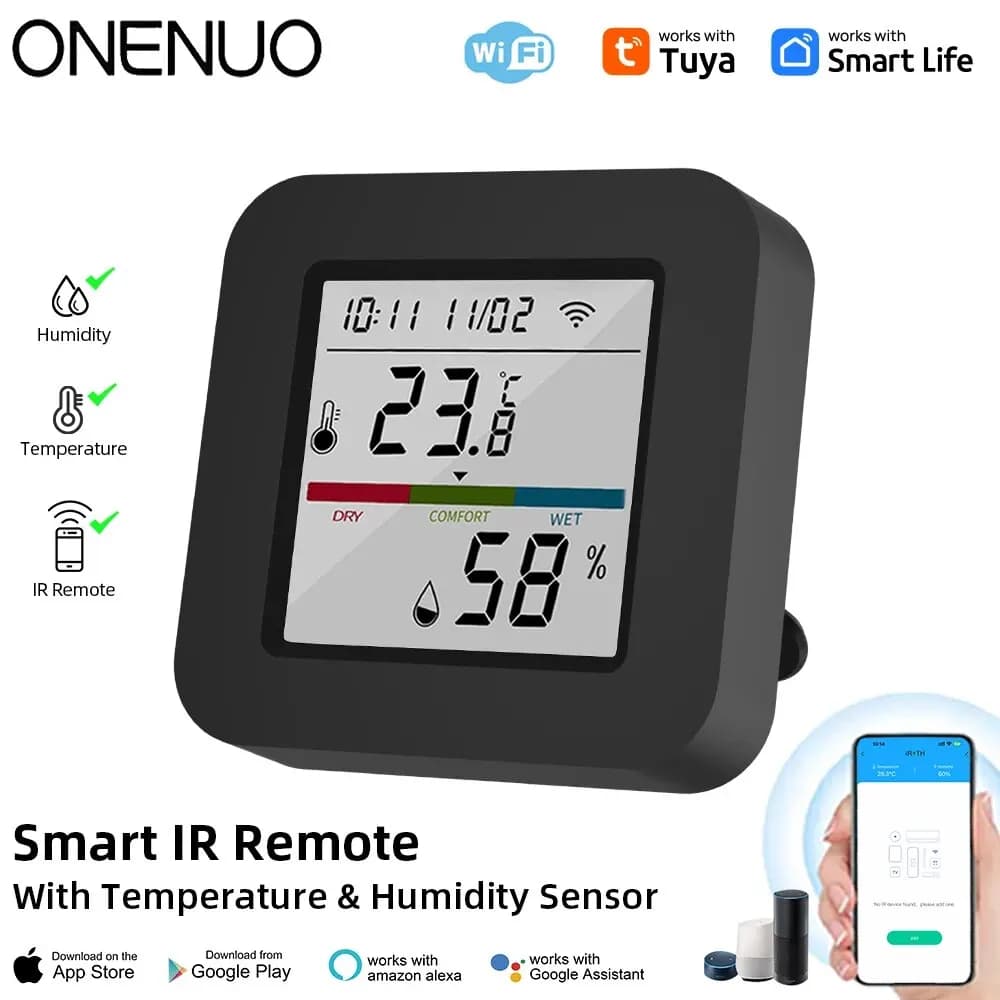 ONENUO-Tuya Controle Remoto Inteligente, IR, Temperatura, Sensor de Umidade, TV, Ar Condicionado, Trabalhar com Alexa, Google, Universal
