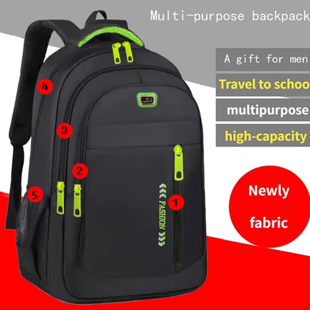 A mochila de cor neutra para homens e mulheres tem várias camadas de bolsos, adequada para estudantes e pessoas de negócios.