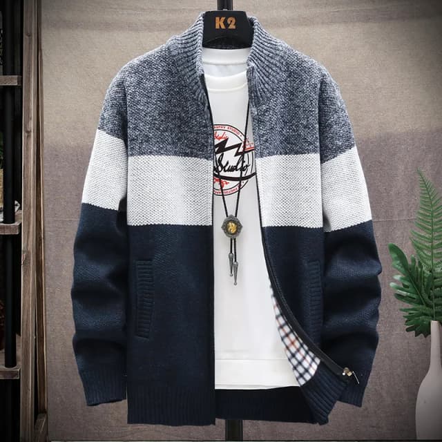 Outono inverno cardigan camisola masculina velo zíper suéteres veludo contraste listrado camisola casacos jaquetas casuais