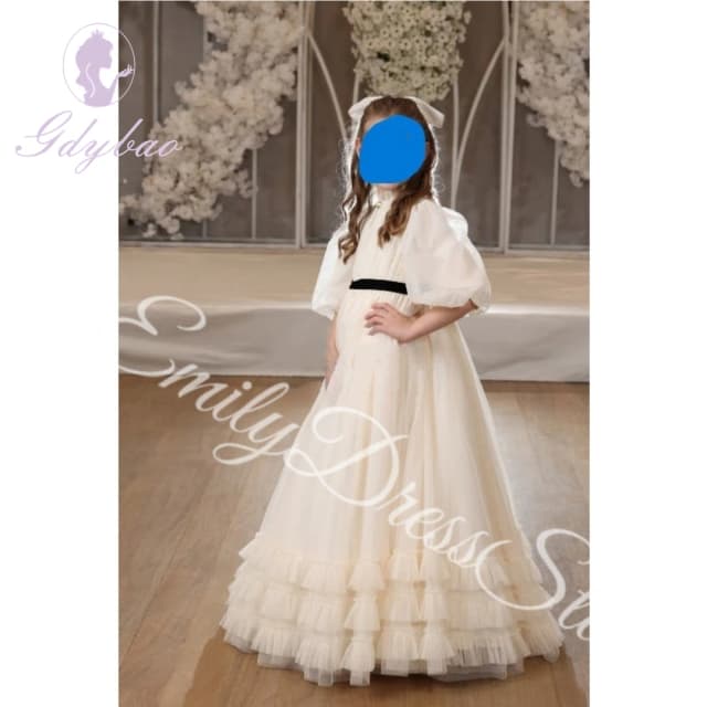 Vestido floral personalizado para casamento, cintura alta, pescoço, meia manga, tule inchado, plissado, crianças, aniversário, primeira comunhão