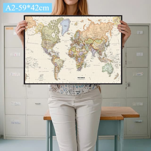 Mapa mundi de parede retrô, tecido dobrável em inglês, pôster não tecido detalhado, decoração de casa, mapa de viagem, presente para crianças