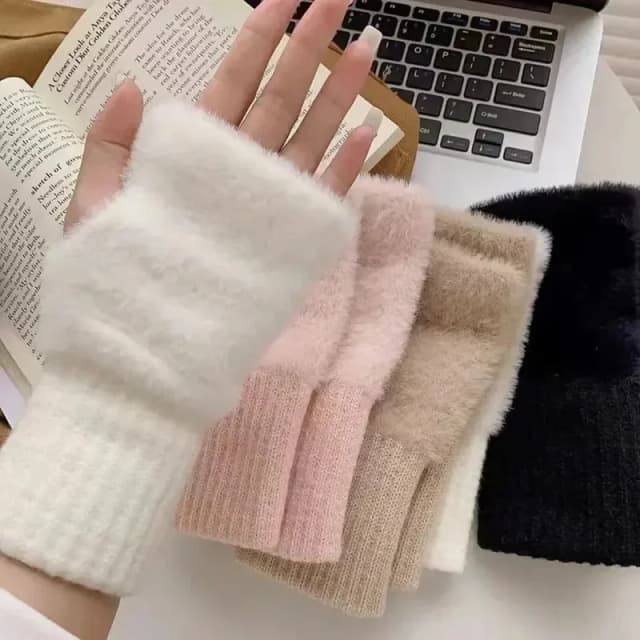Luvas de meio dedo da moda adequadas para mulheres, macias e quentes, luxuosas, cor sólida, de malha de pelúcia, sem dedos
