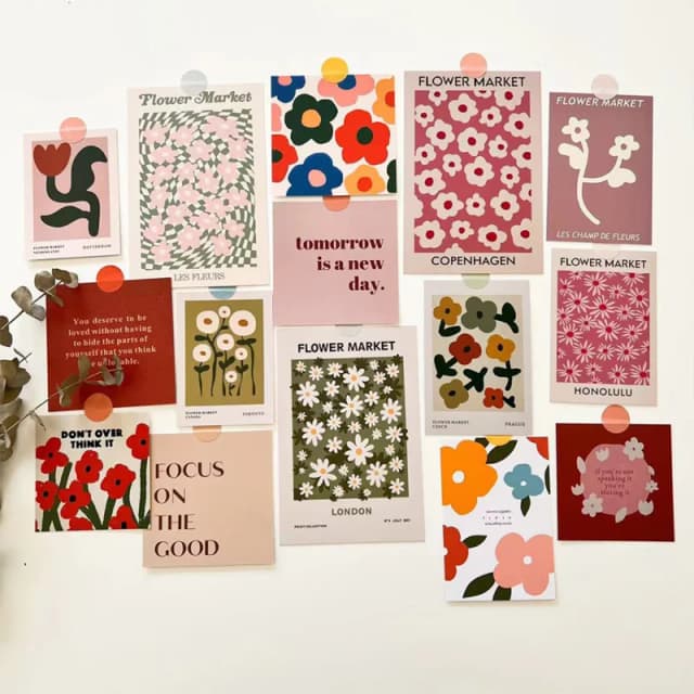 Ins artístico flor mercado cartão decorativo criativo colorido cartão postal quarto fundo adesivo de parede foto adereços 15 folhas