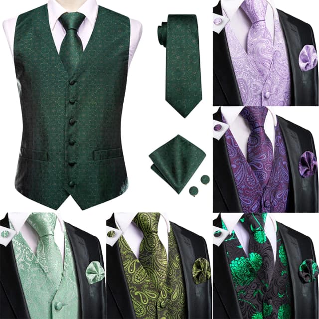 Colete masculino de seda verde escuro, elegante, vestido sólido, jaqueta sem mangas, 4 peças, punho, paisley, terno, presente de casamento, gravata alta