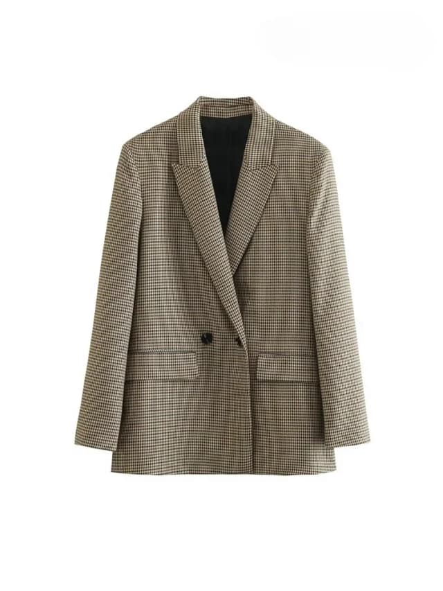 Asds moda feminina duplo breasted xadrez blazer casaco vintage manga longa bolsos com aba feminino outerwear chique vestes femme