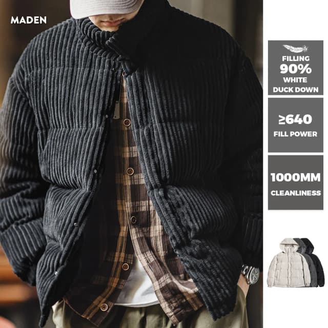 Maden Jaqueta masculina de veludo cotelê vintage Casaco quente de inverno listrado com capuz Capuz removível Roupas superiores confortáveis e quentes Preto cinza opções