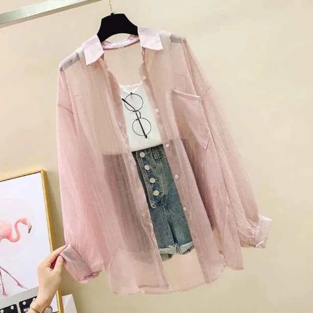 Verão protetor solar camisa elegante perspectiva fina chiffon blusa coreano harajuku ver através solto topo casual cardigan feminino