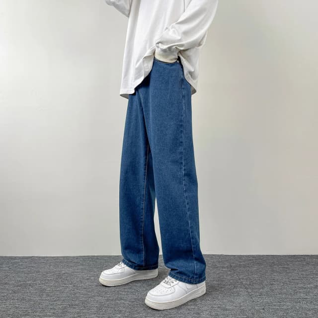 2024 novo coreano europeu americano masculino casual calças de brim longas clássico perna reta denim calças largas cor sólida