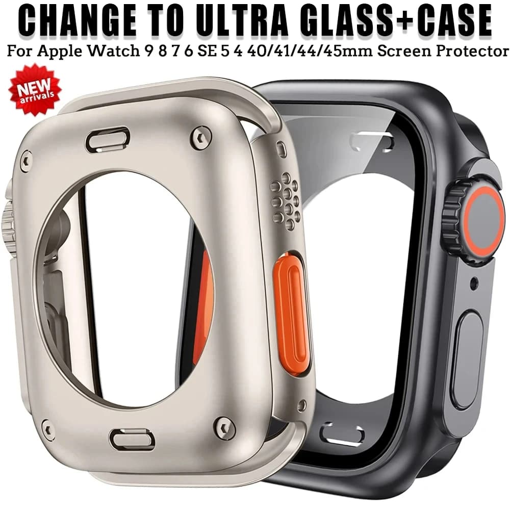 Capa Protetora de Tela para Apple Watch 45mm 44mm 40mm 41mm 42mm 46mm, Capa Protetora Frontal e Traseira em PC para iWatch 11 10 9 8 7 SE 6, Transforme em Ultra