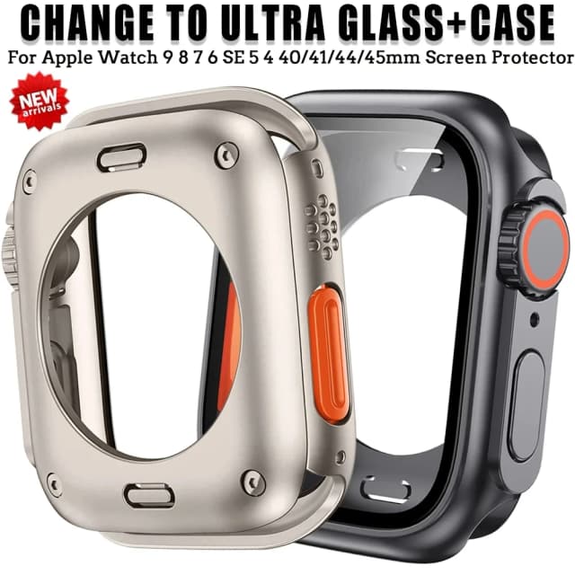 Capa Protetora de Tela para Apple Watch 45mm 44mm 40mm 41mm 42mm 46mm, Capa Protetora Frontal e Traseira em PC para iWatch 11 10 9 8 7 SE 6, Transforme em Ultra