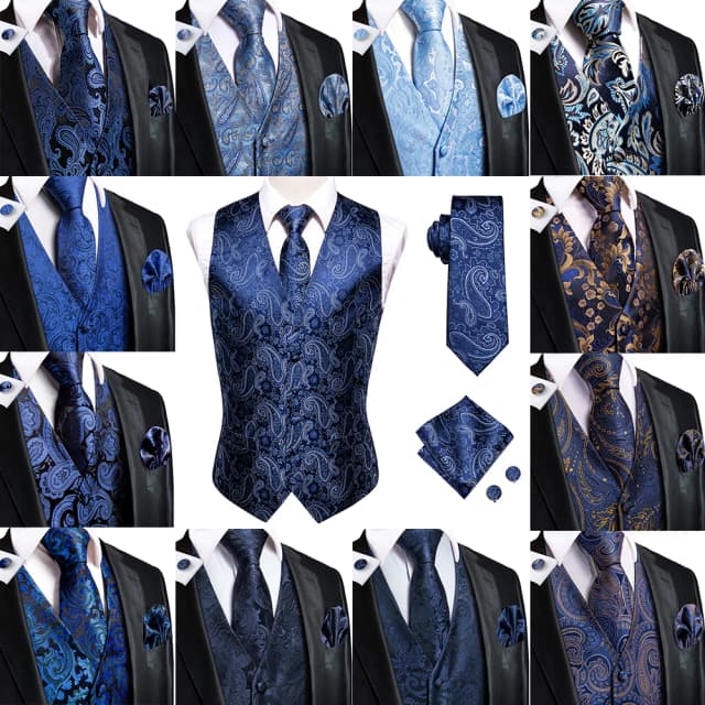 Hi-tie azul marinho masculino colete formal de seda paisley jaqueta gravata lenço abotoaduras conjunto para vestido masculino terno festa de casamento