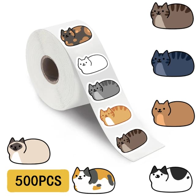 500 Adesivos Kawaii de Gato em Rolo – Decalques de Vinil à Prova d'Água para Laptop, Bagagem, Skate e Celular