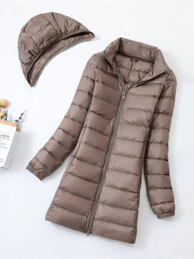 0-10 ℃   Mulheres capuz destacável inverno puffer jaquetas ultra leve com capuz pato para baixo casacos moda senhora do escritório longo pena parkas 7xl