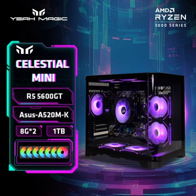 YEAH MAGIC Gaming Desktop AMD Ryzen 5 5600GT 3,9 GHz 16GB (8G * 2) DDR4 3200 1T NVME SSD ARGB 7 Ventiladores Win 11 Home Gamer Desktop WIFI6