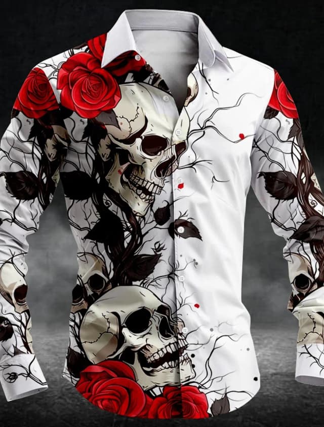 Masculino rosa crânio casual escuro masculino botão para baixo camisa de manga longa festa noite camisa diária botão de colarinho
