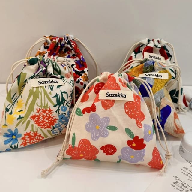 Tecido de algodão floral pequenos sacos de cordão batom higiene pessoal organizador de maquiagem sacos de bolso de moedas bolsa chaves saco de armazenamento de fone de ouvido