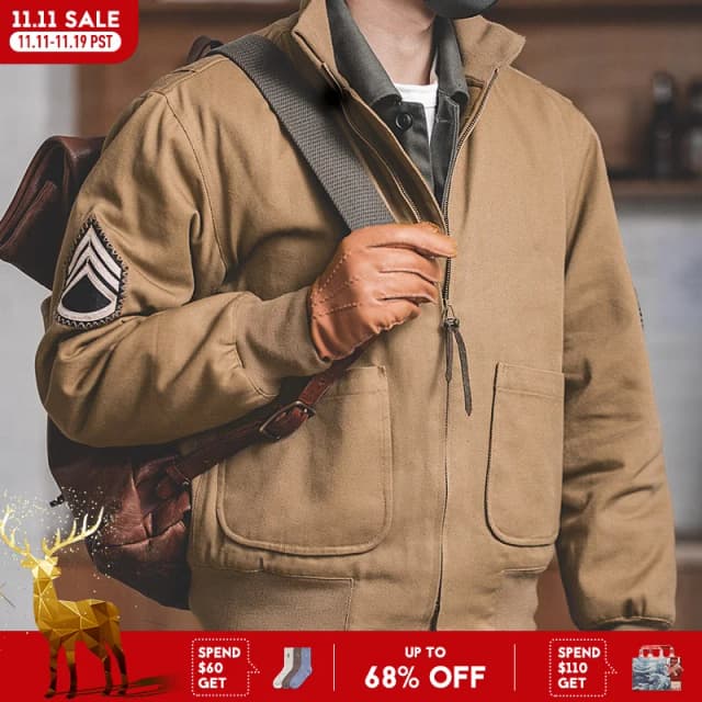 Maden Jaqueta masculina M1942 cor cáqui versão leve e versão reforçada Outono inverno jaqueta com forro de lã polar isolamento térmico jaqueta bainha com elástico antit vento